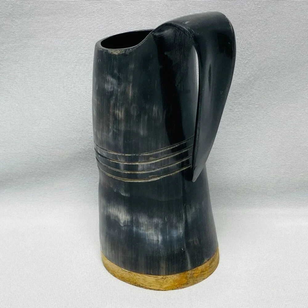 Vintage Black Horn Tankard Beer Drinking Mug With Handle & Wooden Base